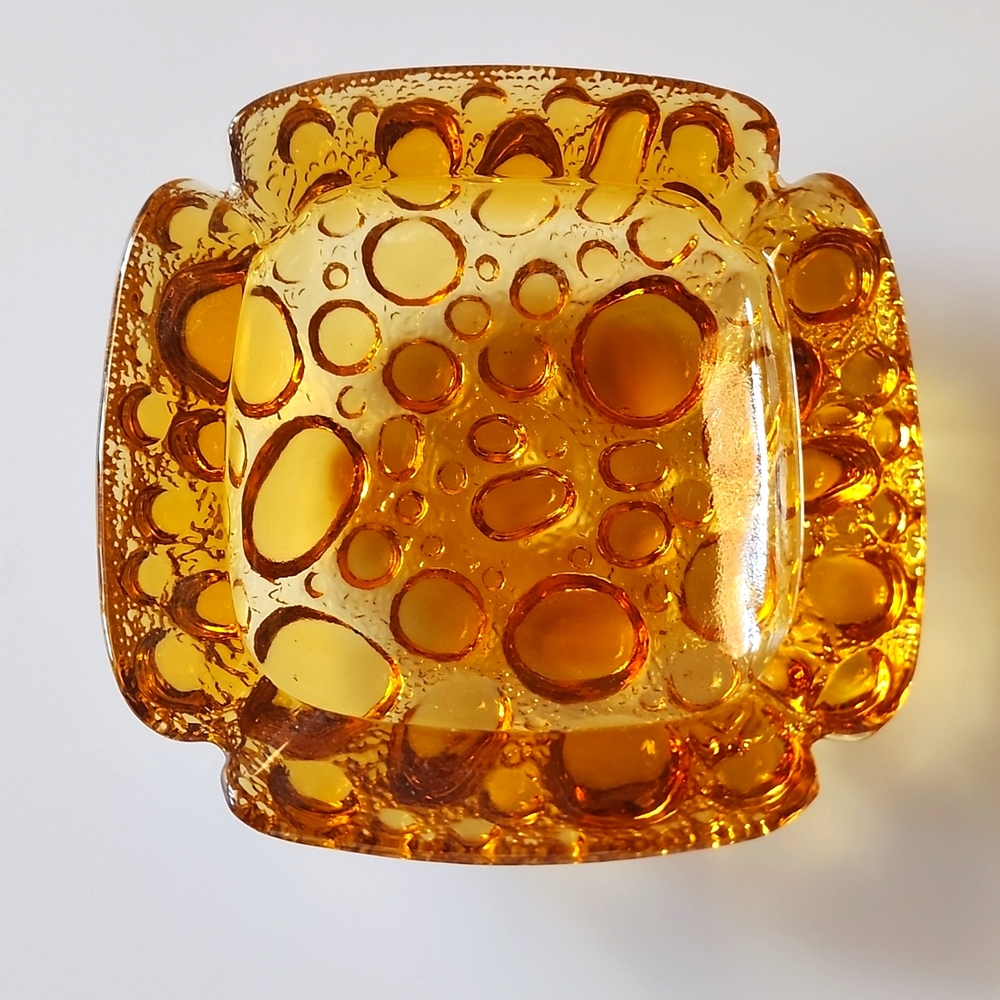 ☆VTG. Mid-Century  Amber Pebble Glass, Square Ashtray/Trinket Tray. ☆